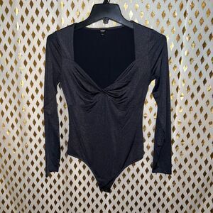 Express body contour body suit in metallic gunmetal￼ twist front size S